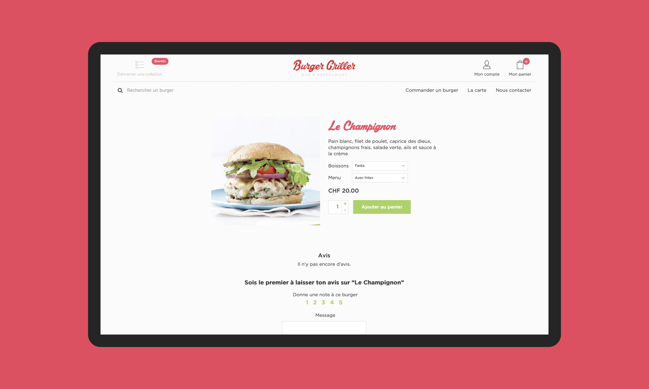 Page d'un burger du site Burger Griller