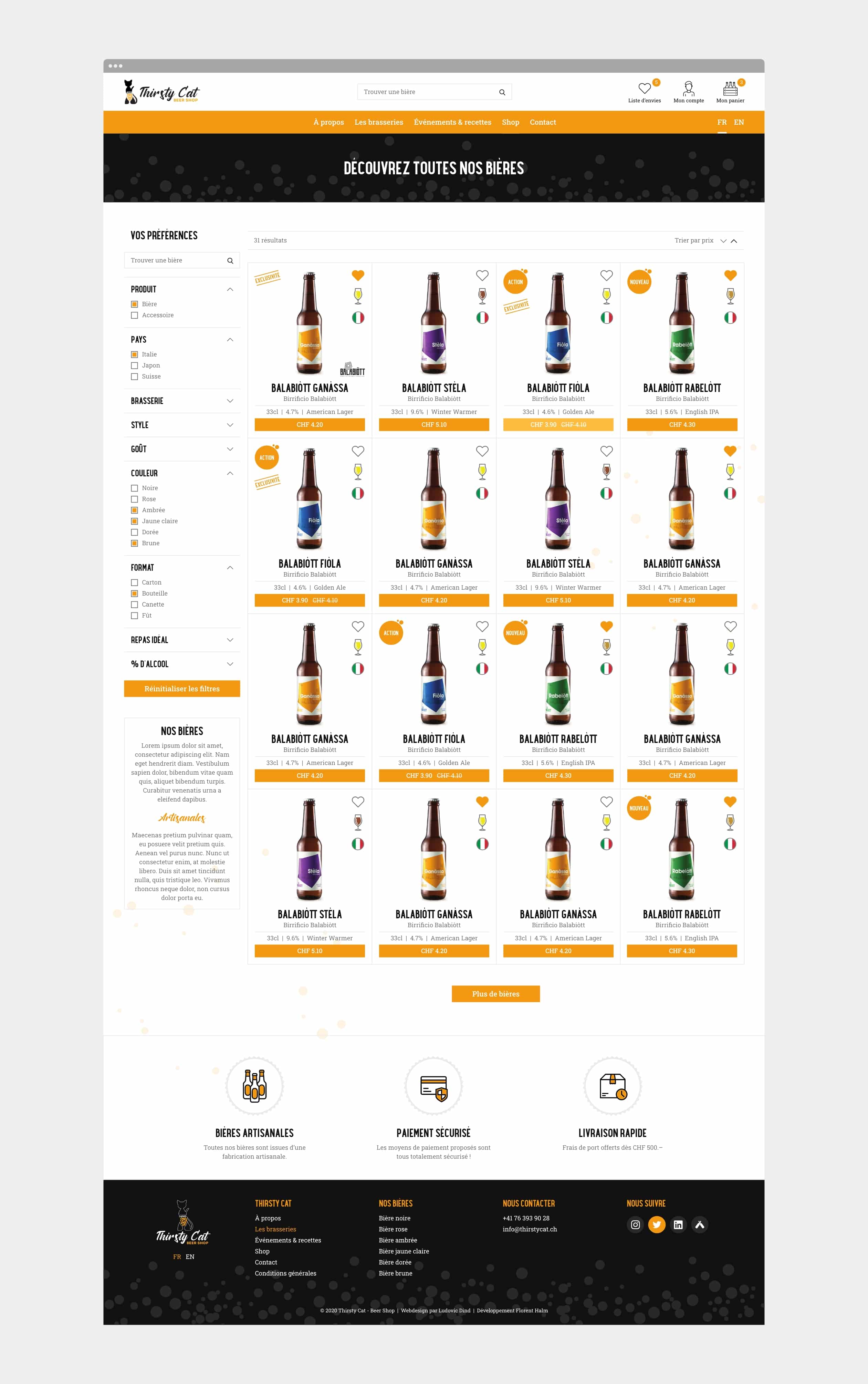 Page des bières du site internet